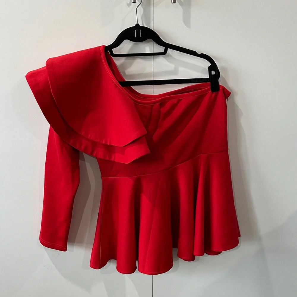 Red One-Shoulder Ruffle Top - Picture 2 of 3